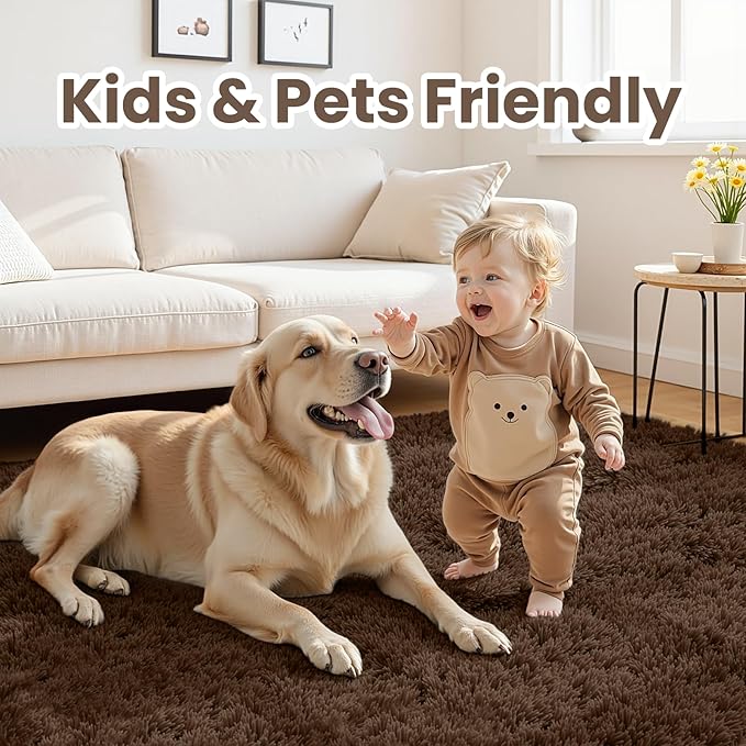 5x8 Fluffy Shag Area Rugs for Living Room Bedroom: Soft Plush Carpet Brown | - Image 3