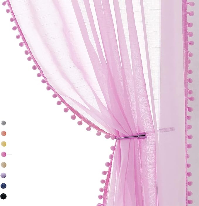 Treatmentex Pom-Pom Sheer Curtains for Girl's Room Linen Textured Pink Sheer Window Drapes for Bedroom 52" w x 63" L, 2Panels, Red, Rod Pocket