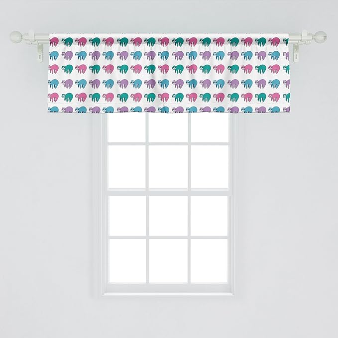 Ambesonne Funny Sloth Window Valance, Colorful Art Repeating Lazy Animal on Plain Backdrop, Curtain Valance for Kitchen Bedroom Decor with Rod Pocket, 42" x 18", Dark Seafoam Pink