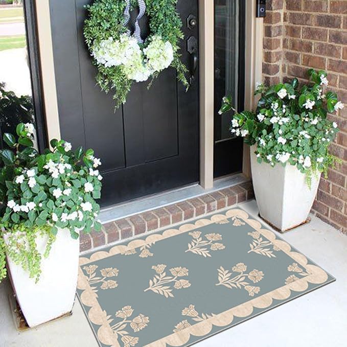 Front Door Mat Indoor Outside Entrance 2x3 Blue Scalloped Entry Rug | Non-Slip - Image 4