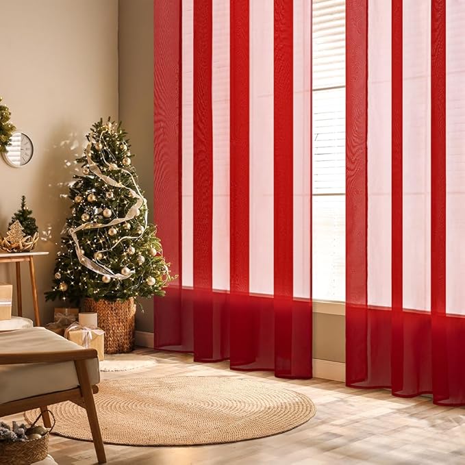MIULEE 2 Panels Red Sheer Christmas Window Curtains 54 X 96 Inches | Solid Color - Image 2