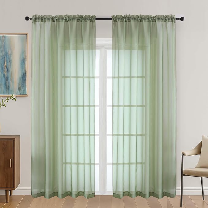 Sage Green Sheer Curtains 72 Inches Long 2 Panels Set, Light Filtering Sheer by OVZME