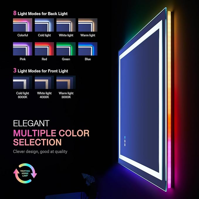 LOAAO 20"X28" LED Bathroom Mirror with Lights, Anti-Fog, Dimmable, RGB Backlit + Front Lighted, Bathroom Vanity Mirror for Wall, Memory Function, Waterproof, Tempered Glass