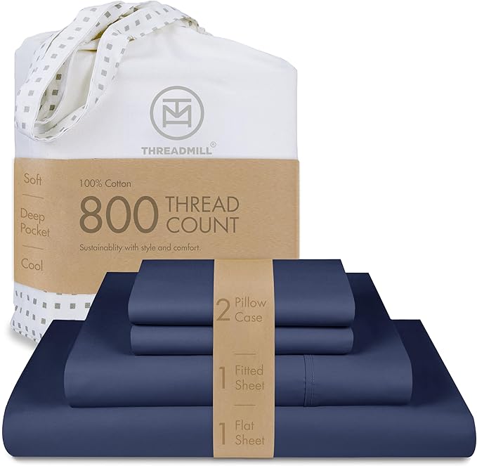 Threadmill Luxury 800 Thread Count Queen 100% Cotton Sheets - Folkstone Blue Sateen Weave Bed-Sheets, Better Than Egyptian Cotton,4 Pc Solid Soft Bed Set, Fits 16" Deep Pocket