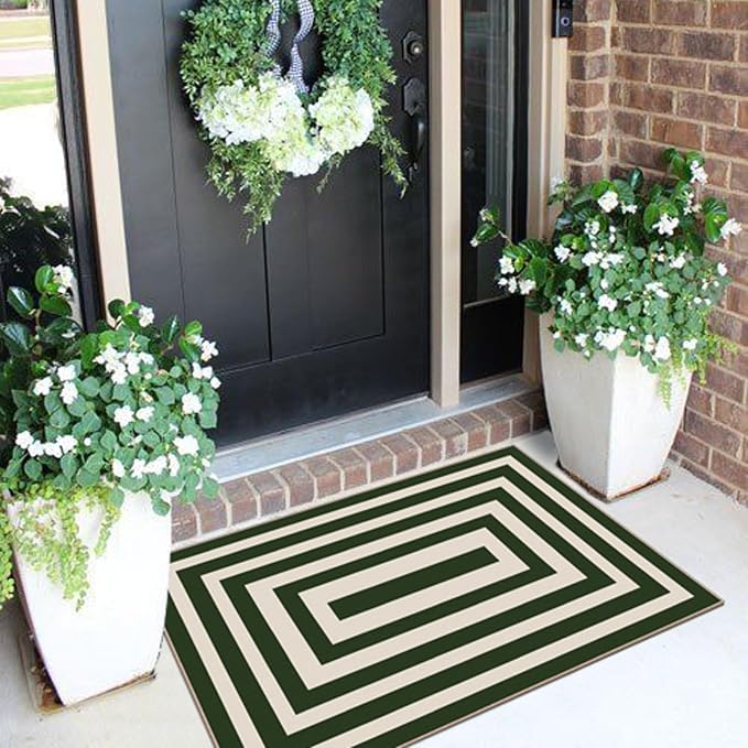 Front Door Mat Indoor Outside Entrance, 2x3 Green White Modern Rug | Non-Slip - Image 4