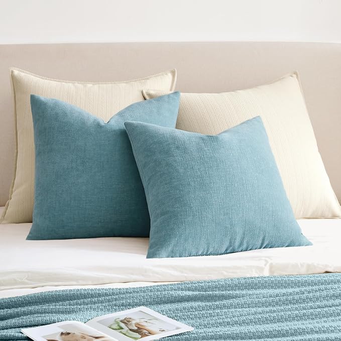 MIULEE Smoke Blue Chenille Couch Euro Throw Pillow Covers, 22x22 | Set of 2 - Image 4