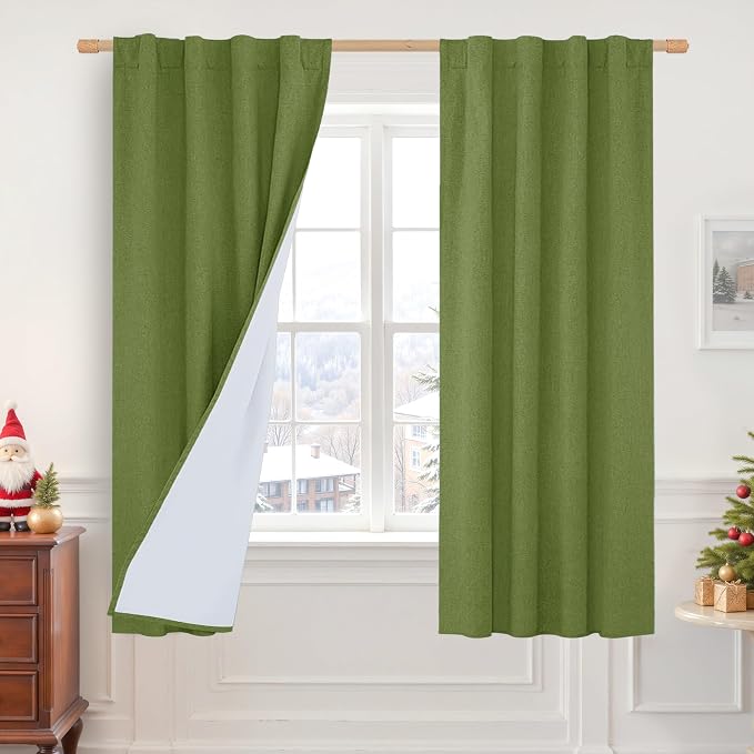 Sage Green 100% Blackout Linen Curtains 63 Inches by LAMIT
