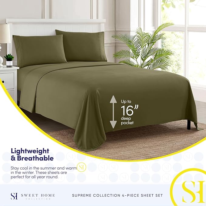 California King Sheet Sets - Breathable Luxury Sheets with Full Elastic & Secure Corner Straps Built In - 1800 Supreme Collection Cal King Deep Pocket Bedding Set, Sheet Set, California King, Olive