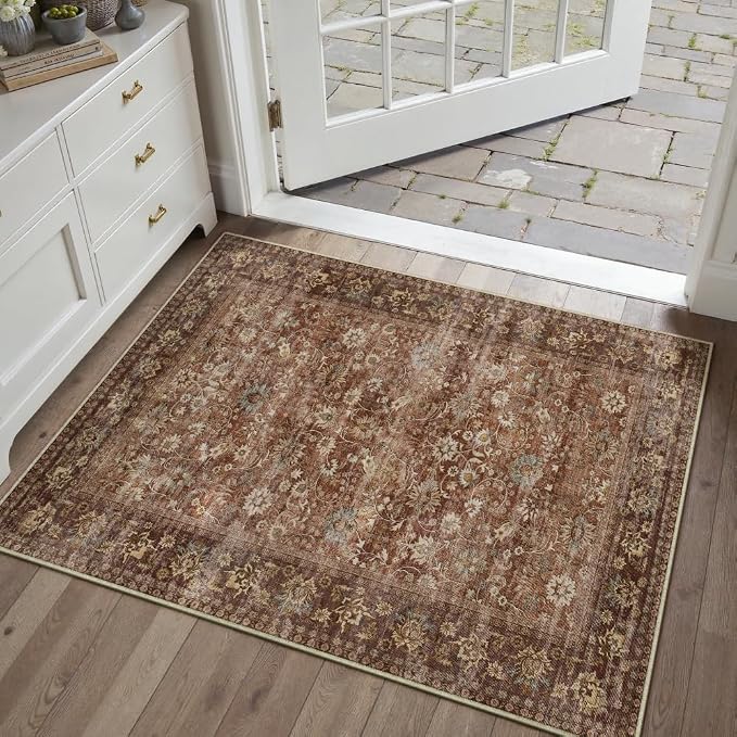 2x3 Brick Red Vintage Floral Washable Area Rug by HUGEAR