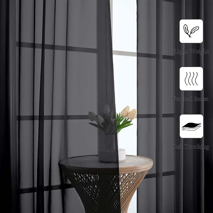 Black Sheer Curtains 120 Inches Long 2 Panels, Balance Light & Privacy Voile - Image 3