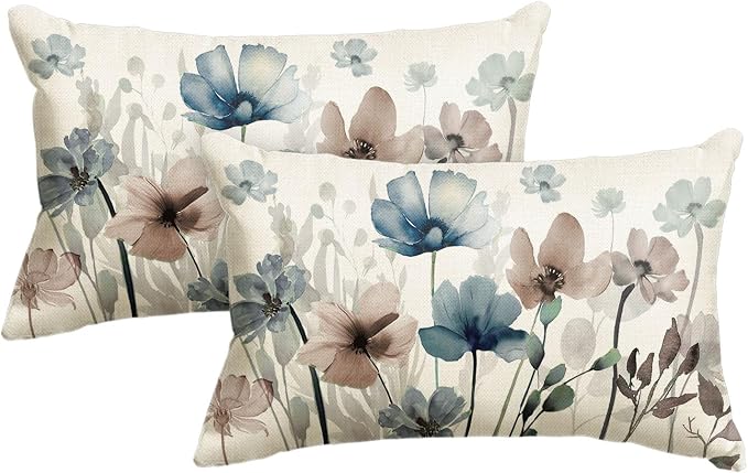 AVOIN colorlife Poppy Flowers Blue Brown Pillow Covers 12x20 Inch Set of 2 | by AVOINcolorlife