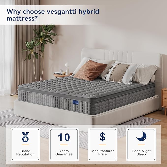 Vesgantti 12 Inch Multilayer Hybrid Twin Mattress - Multiple Sizes & Styles Available, Ergonomic Design with Memory Foam and Pocket Spring, Medium Firm Feel, Grey