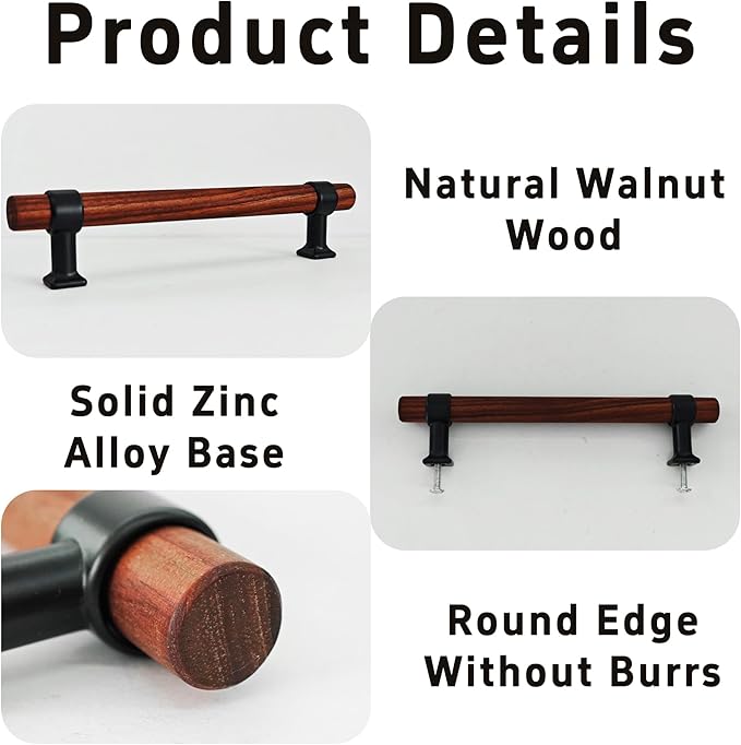4Pcs 6.6” Walnut Wood Drawer Pulls, 128mm/5 Hole Center, Kitchen Cabinet Hardware Handles, Metal and Wooden Cabinet Knobs, T Bar Knob Pull Handles for Wardrobe, Dresser, Cupboard