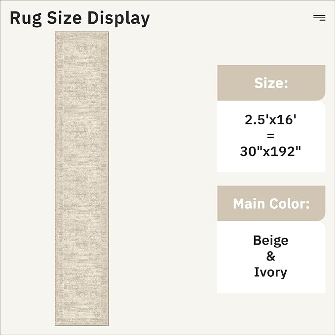 Soalmost Hallway Runner Rug 2'6" x 16' Washable Long Kitchen Rugs Beige | - Image 5