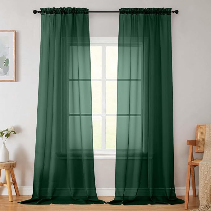 Hunter Green Sheer Curtains for Bedroom Living Room 96 Inches Long 2 Panels by WelvetBLK