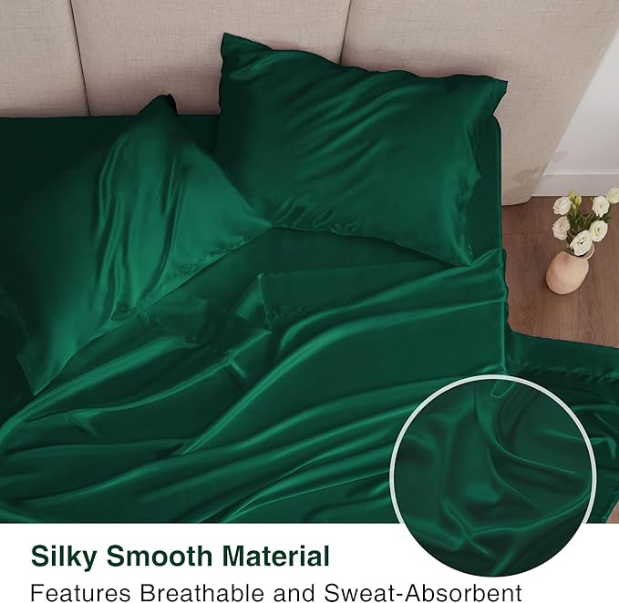 Love's cabin Satin Queen Sheets Set - 4 Piece Dark Green Silky Bed Sheets with Deep Pocket, Luxury Silk Feel Satin Queen Size Sheet Set (1 Flat Sheet,1 Fitted Sheet,2 Pillow Cases)