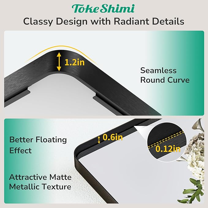TokeShimi 55x36 Bathroom Mirror Black,Aluminum Framed Bathroom Mirror for Over Sink,Rectangle Vanity Mirror Bath,Shatterproof Tempered Glass Wall Mirror Modern(Horizontal/Vertical)