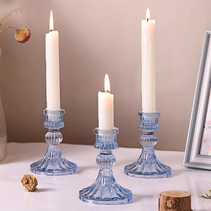DARJEN 12PCS Blue Candlestick Holders Set- 4" H Taper Candle Holders, Glass Candle Holders Bulk for Wedding, Party, Home Table Centerpieces, Festival Gifts & Windowsill Decor
