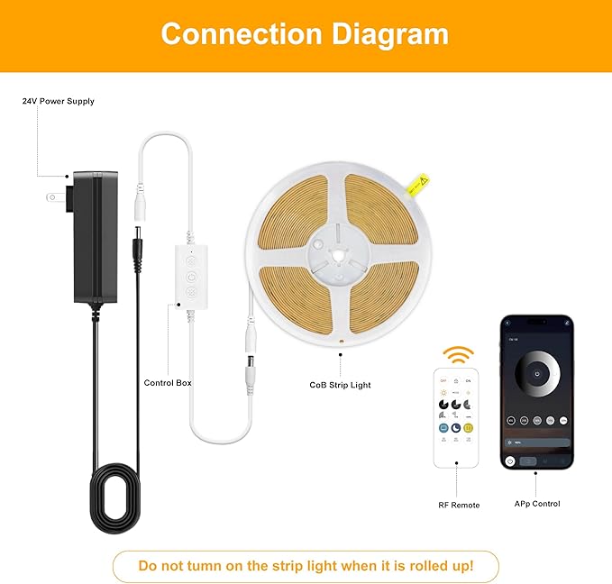 COB LED Strip Lights Warm White,24V Dimmable led Light Strip KIT with Remote and app Control,3000K 24FT/7.5m 8mm Wide Ra>90 Cuttable Flexible Strip Lights for Bedroom,Shelf,Cabinet