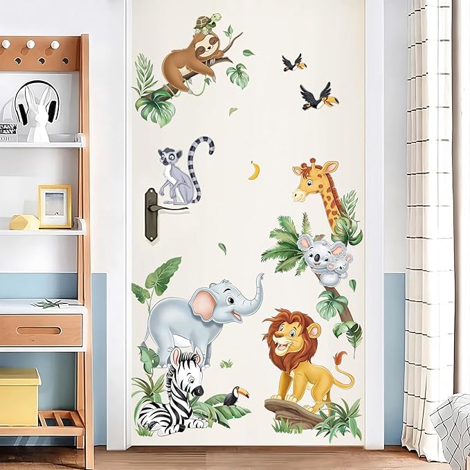 decalmile Jungle Animals Wall Decals Safari Elephant Lion Giraffe Door Wall Stickers Baby Nursery Kids Room Toddler Room Wall Decor