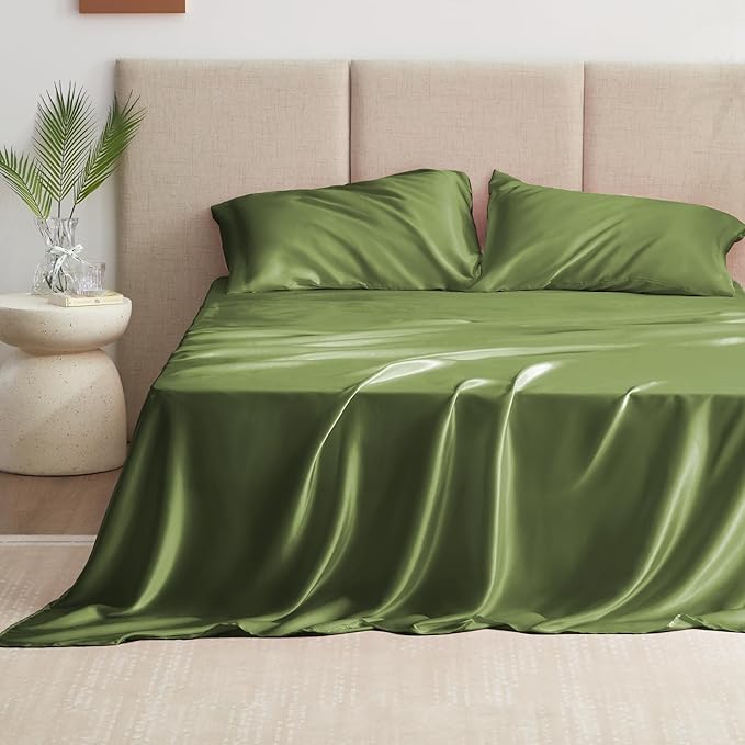 Love's cabin Twin Satin Sheets Sets - 3 Piece Sage Silky Bed Sheets with Deep Pockets, Luxury Silk Feel Satin Twin Size Sheet Set Bedding Set (1 Flat Sheet,1 Fitted Sheet,1 Pillow case)