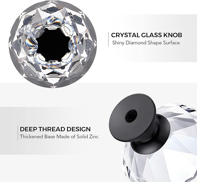 Ravinte 15 Pack Crystal Drawer Knobs - Glass Cabinet Knobs, Diamond Shaped, 30 mm with Black Base