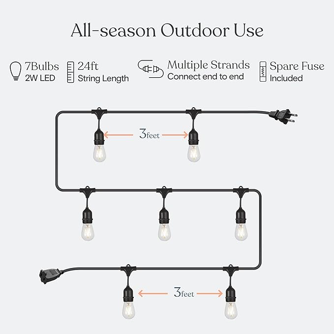 Brightech Ambience Pro - 24 Ft Waterproof LED Outdoor String Lights - Hanging, Dimmable 2W Vintage Edison Bulbs - Commercial Grade Patio Lights Create Cafe Ambience in Your Backyard, 7 Bulbs