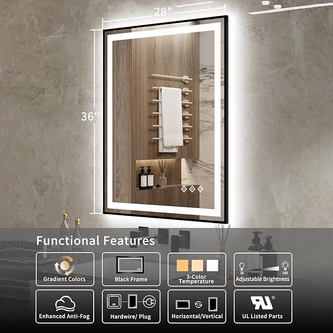 LED Bathroom Mirror, 28x36 Inch Black Framed Gradient Front and Backlit Bathroom Mirror with Lights, 3 Colors Dimmable CRI>90, Enhanced Anti-Fog Wall Mounted LED Mirror for Bathroom