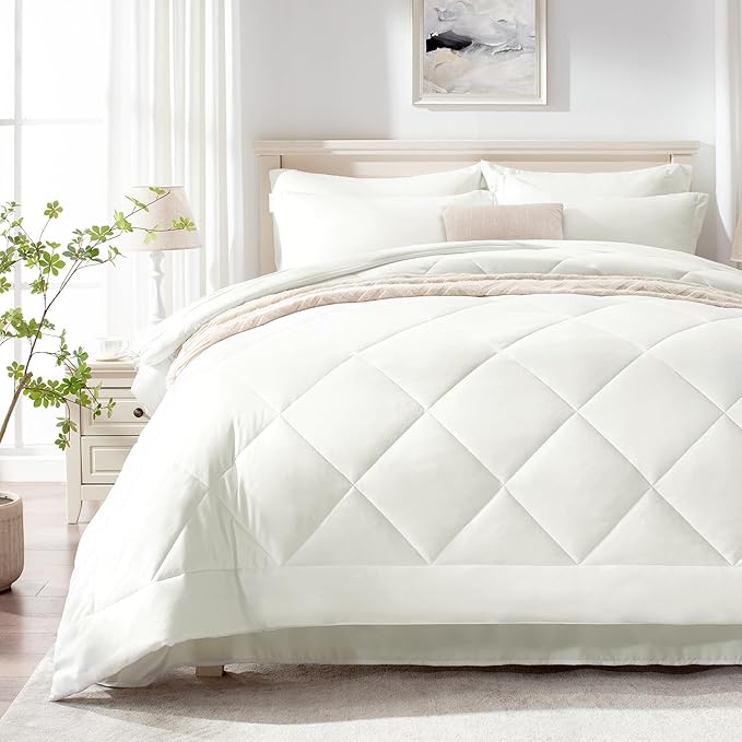 Love's cabin Full Comforter Set Ivory, 7 Pieces Full Bed in a Bag, All Season Bedding Sets with 1 Comforter, 1 Flat Sheet, 1 Fitted Sheet, 2 Pillowcase and 2 Pillow Sham