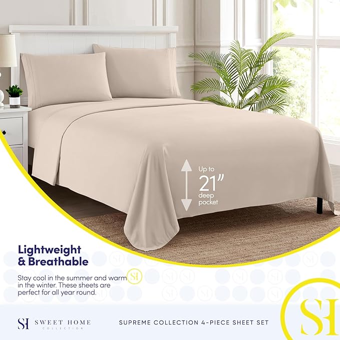 King Size Sheets - Breathable Luxury Bed Sheets with Full Elastic & Secure Corner Straps Built In - 1800 Supreme Collection Extra Soft Deep Pocket Bedding, Sheet Set, EXTRA DEEP pocket - King, Beige