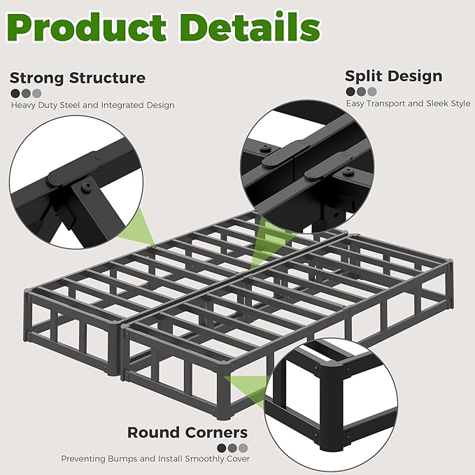 EMODA 10 Inch Split Full Size Box Spring Bed Base, 2 Piece Heavy Duty Metal Full Box Spring with Fabric Cover, Easy Assembly, Black