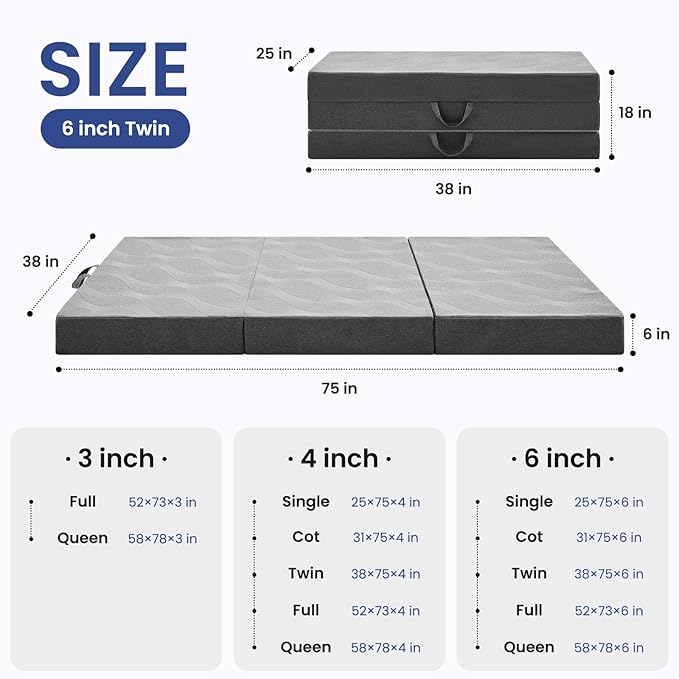 Foldable Mattress Twin 6 inch -Portable Grey Memory Foam Folding Matress with Washable Cover for Camping Travel Guest Room Home Use-Non-Slip&Easy Storage