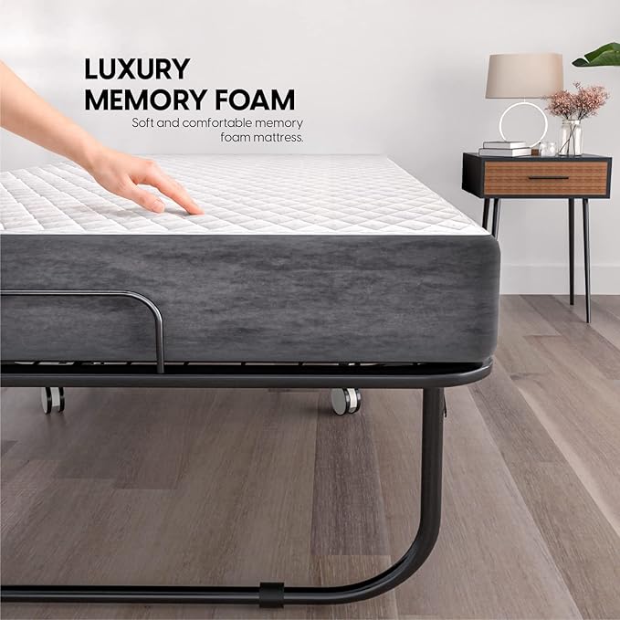 EconoHome Folding Bed with Mattress - 75x38 Twin Size Frame - Portable Rollaway Guest Bed with 5-inch Memory Foam Mattress - Space-Saving Foldable Design for Easy Storage