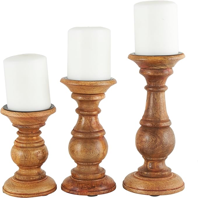 Deco 79 Mango Wood Decorative Candle Holder Turned Style Pillar Candle Stand, Set of 3 Candlestick Holder 10",8",6"H, Brown
