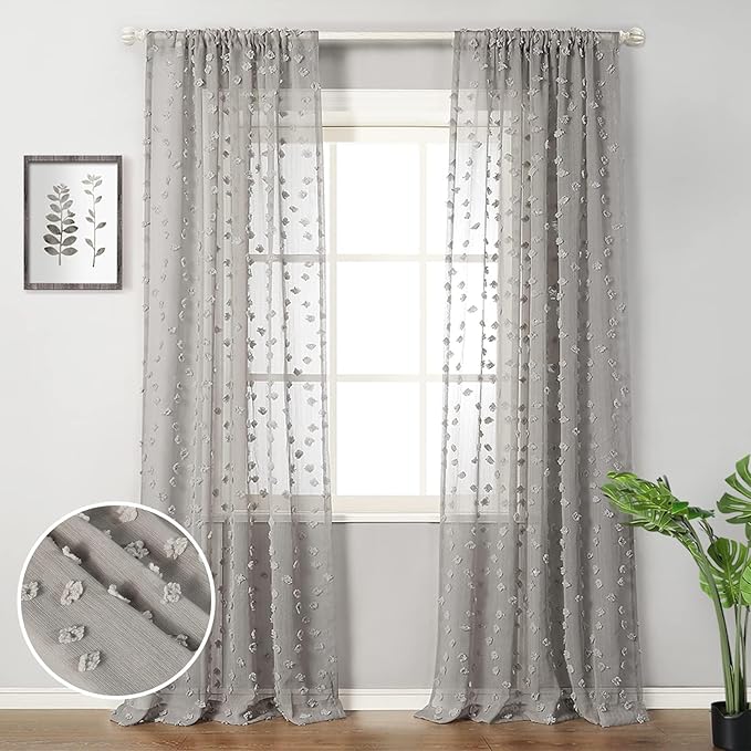 MYSKY HOME Pom Pom Grey Sheer Curtains for Bedroom Girls Room Curtains 108 Inches Long for Nursery Kids Light Filtering Boho Window Drapes, Rod Pocket, 38" Wide, 2 Panels