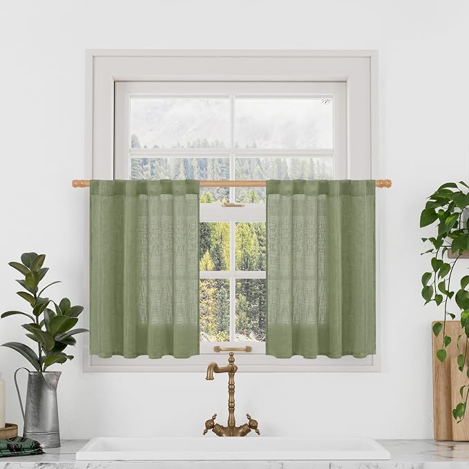 Sage Green Linen Curtains 24 Inch Length by LAMIT