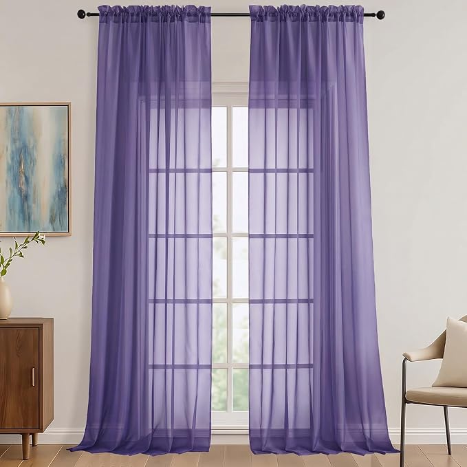 Sheer Purple Curtains 108 Inches Long 2 Panels Set, 59 Inch Extra Wide by OVZME