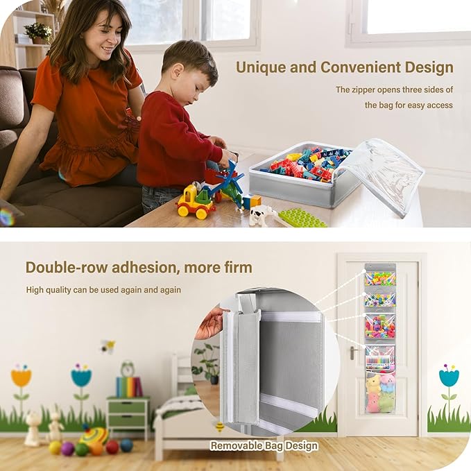 Hanging Toy Storage over Door, Block Stuffed Animal Organizer Idea with 4 Removable Case Bag, Bi-Fold Closet Holder with Mesh Pocket for Kid Boy Girl
