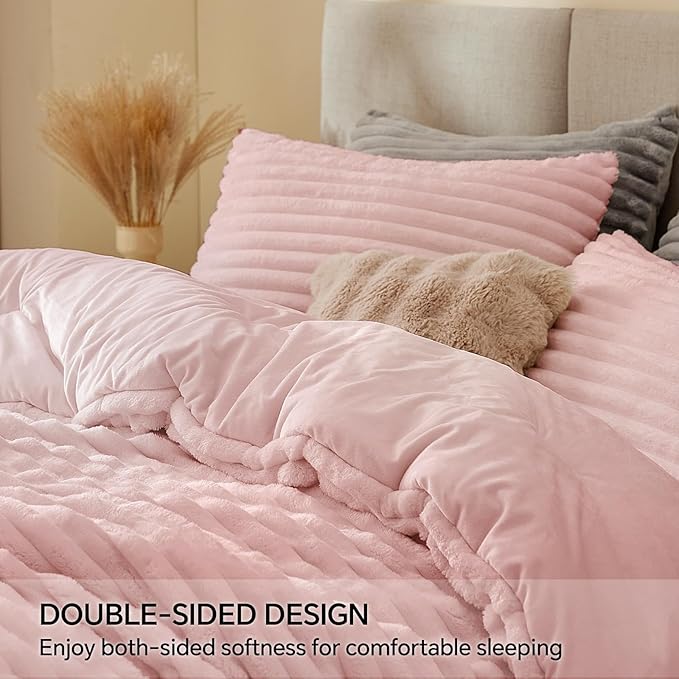 BEDELITE Fleece Queen Comforter Set -Super Soft & Warm Fluffy Pink Bedding, Luxury Fuzzy Heavy Bed Set for Winter with 2 Pillow Cases