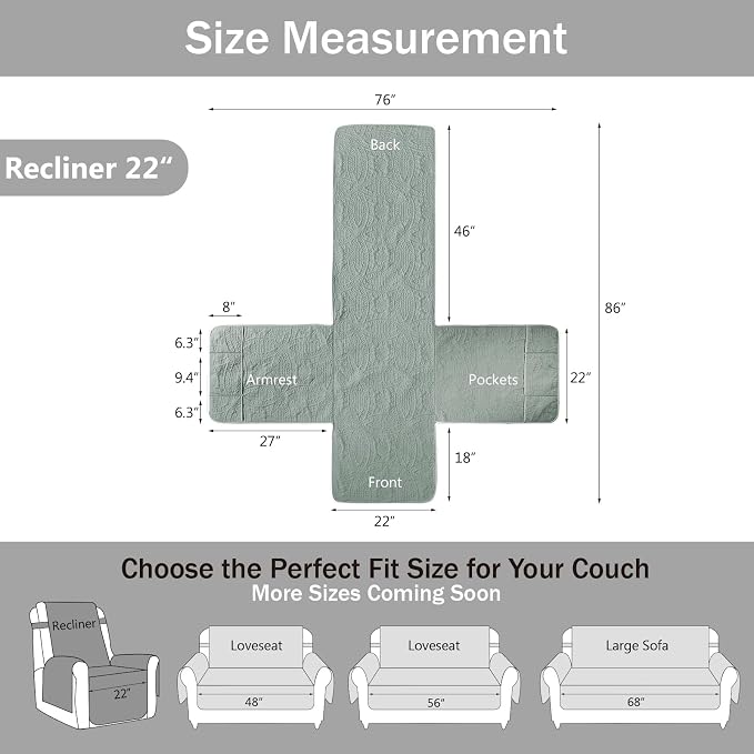 Quilted Recliner Covers, Water-Repellent Recliner Slipcovers, Recliner Covers - Image 6