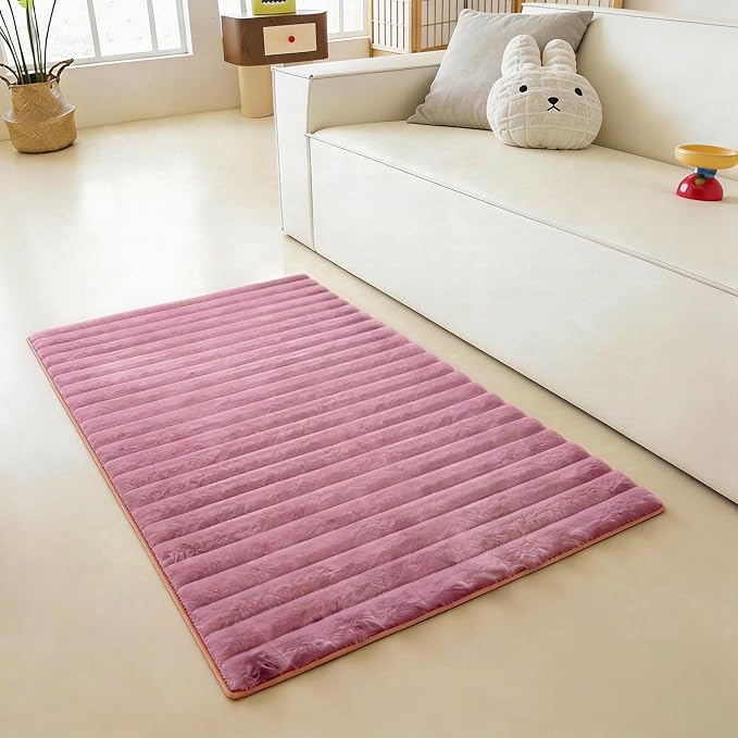 Dusty Rose Rabbit Striped Plush Rug 2'x3', Fluffy Shaggy Area Rug - Image 2