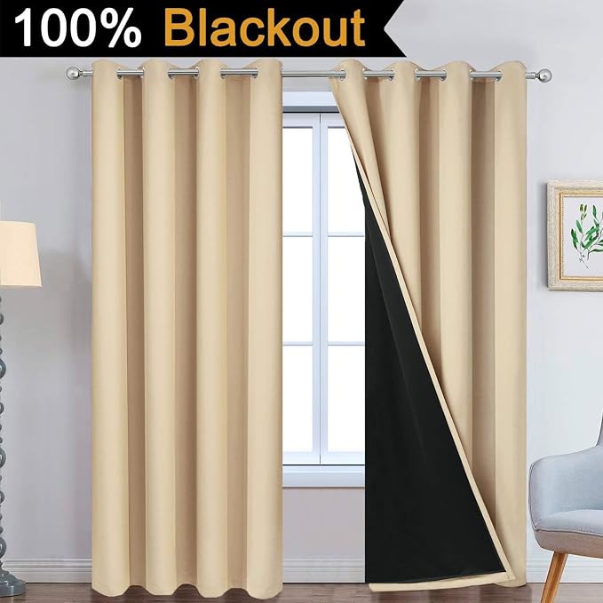 Yakamok Beige 100% Blackout Curtains 90 Inches Long - Image 2