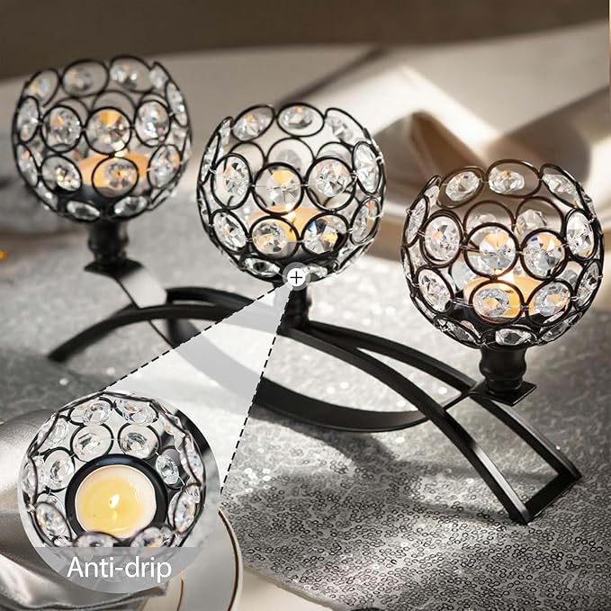 Crystal Tealight Candle Holder Centerpiece Home Decorative Candlestick Holder Elegant Table Centerpiece Home Decor Wedding Party Anniversary (Black, 3 Arm)