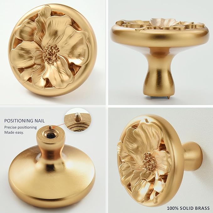 Flower Cabinet Pulls Handle Knob Drawer for Kitchen Dresser Wardrobe Bathroom and Cupboard One Hole Hardware Knobs for Girl Easy Installation Pack of 4 Champagne Bronze