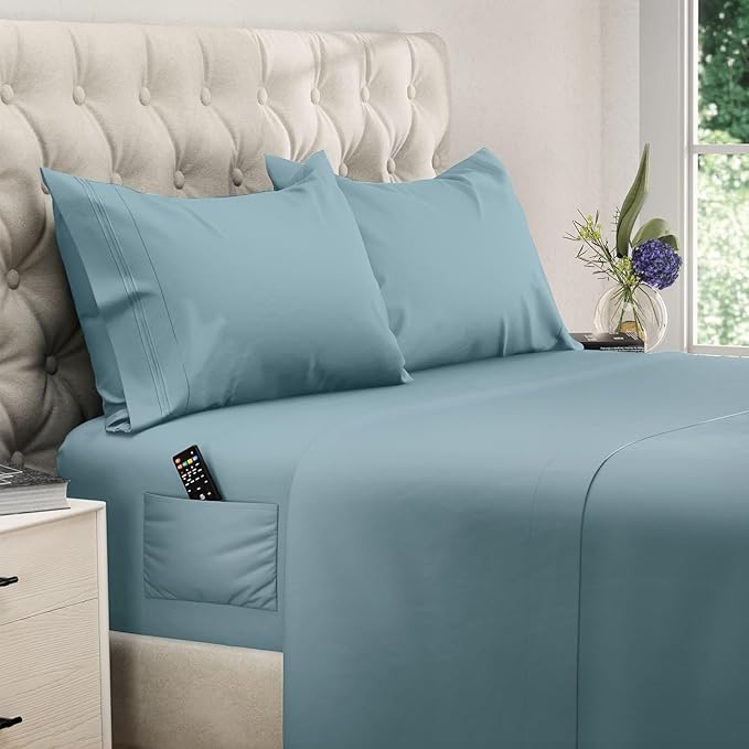 DREAMCARE Queen Sheet Set – 4 pcs Cooling Sheets – up to 21” Extra Deep Pocket Queen Sheets – Hotel Luxury – Superior Softness 100% Microfiber with Side Pocket - Mineral Blue
