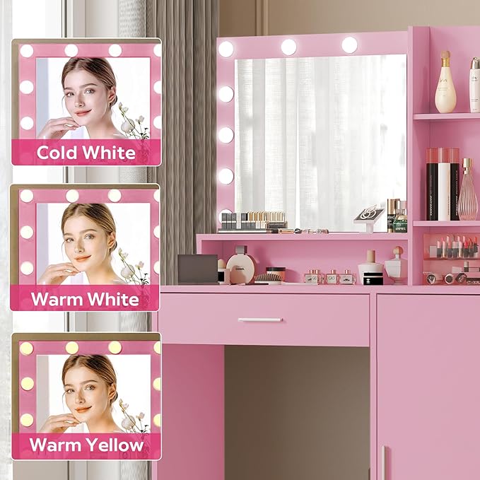Vanity Desk with Mirror and Light, Large Drawer and Three Level Storage Dresser, 3 Lighting Modes Adjustable Brightness, Bedroom Dressing Table (Pink)