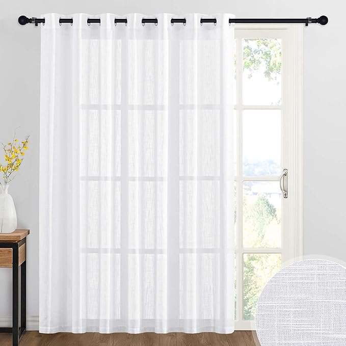 RYB HOME Sheer Curtains White - 100 inches Extra Wide Linen Semi Sheer White Backdrop Large Window Curtains for Dining Living Room Sliding Glass Patio Door, 100 x 84 inches Long, 1 Panel