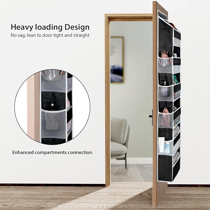 Univivi Door Hanging Organizer Nursery Closet Cabinet Baby Storage with 6 Large Compartments and 8 Side Pockets for Cosmetics, Toys and Sundries (Black)
