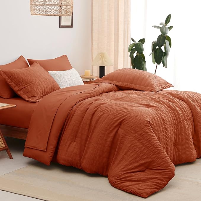CozyLux King Size Comforter Set Burnt Orange Seersucker 7 Pieces Bed in a Bag King Comforter Set with Sheets Terracotta Luxury Bedding Set with Down Alternative Comforter, Sheets, Pillowcases & Shams