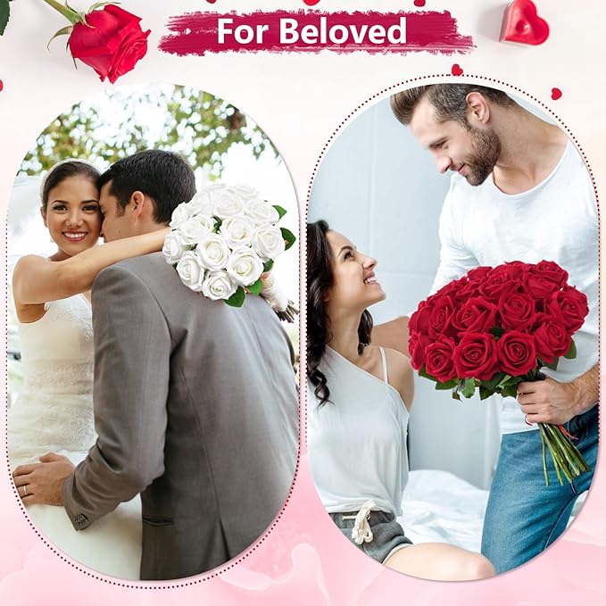 BLEUM CADE 100 Pcs Red Velvet Roses Artificial Flowers, Real Touch, Long Stems, Wedding & Occasion Decor